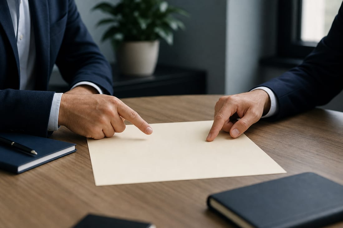 Beispiel: Hände zeigen auf blankes Papier bei einer Besprechung