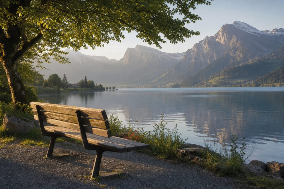 Beispiel: leere Parkbank am ruhigen Alpensee am Morgen